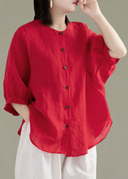 Art Red-print2 O-Neck Button Linen Loose Shirt Top Lantern Sleeve