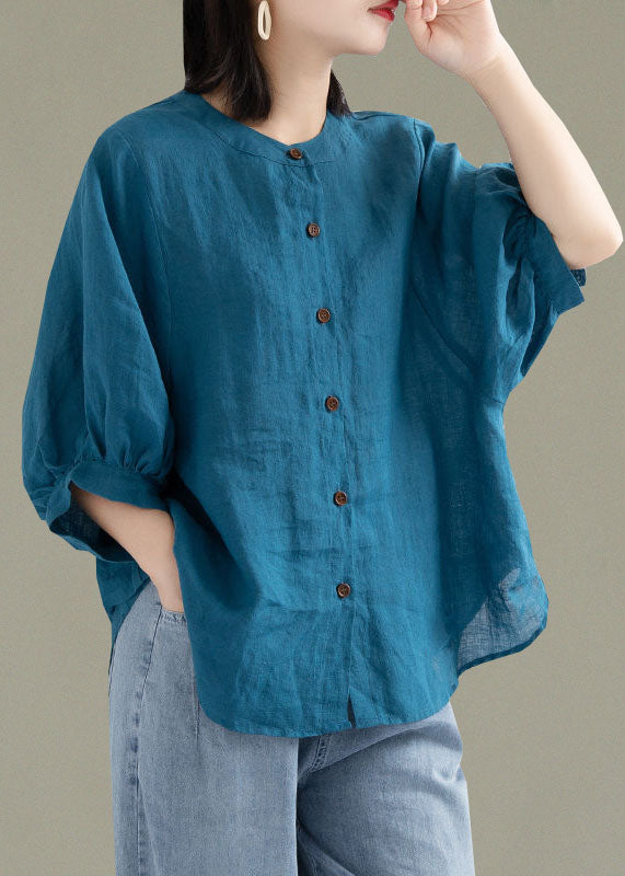 Art Red-print2 O-Neck Button Linen Loose Shirt Top Lantern Sleeve