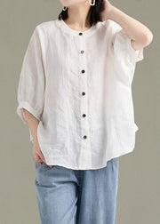 Art White floral patchwork O-Neck Button Linen Loose Shirt Top Lantern Sleeve