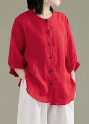 Art Red-print3 O-Neck Button Linen Loose Shirt Top Lantern Sleeve