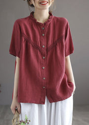 Art Red O-Neck Embroideried Floral Button Linen Shirt Lantern Sleeve