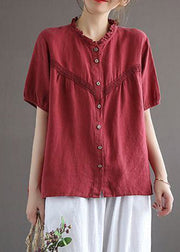 Art Red O-Neck Embroideried Floral Button Linen Shirt Lantern Sleeve