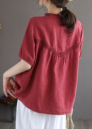 Art Red O-Neck Embroideried Floral Button Linen Shirt Lantern Sleeve