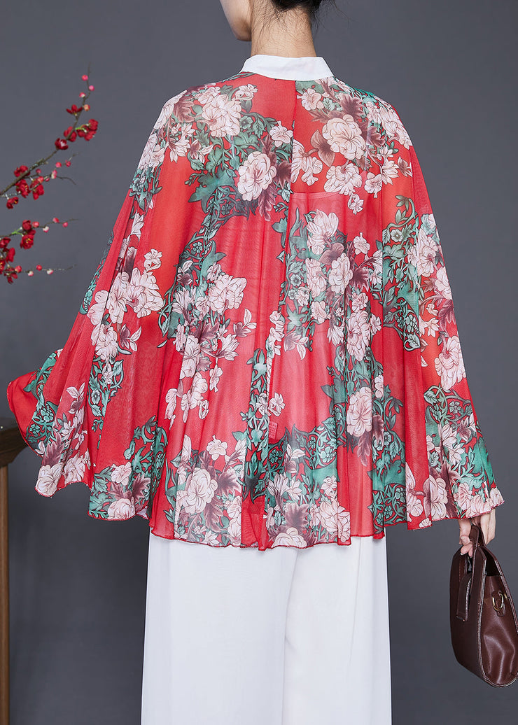 Art Red Oversized Print Chiffon Shirt Batwing Sleeve