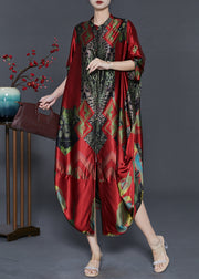 Art Red Oversized Print Silk Party Dress Fall