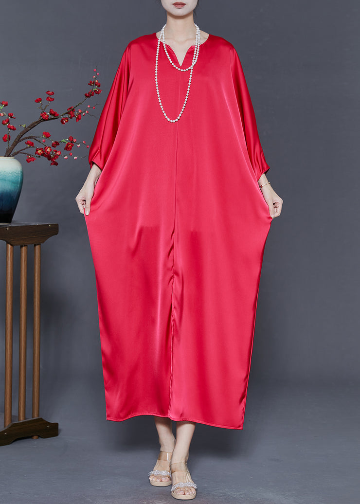 Art Red Oversized Silk Robe Dresses Batwing Sleeve