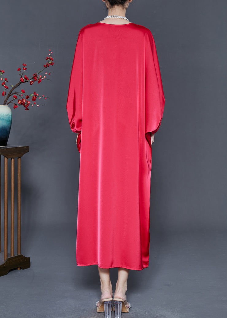 Art Red Oversized Silk Robe Dresses Batwing Sleeve