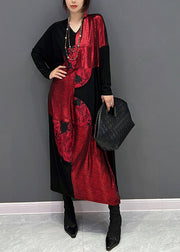 Art Red Patchwork Black V Neck Print Maxi Dress Fall