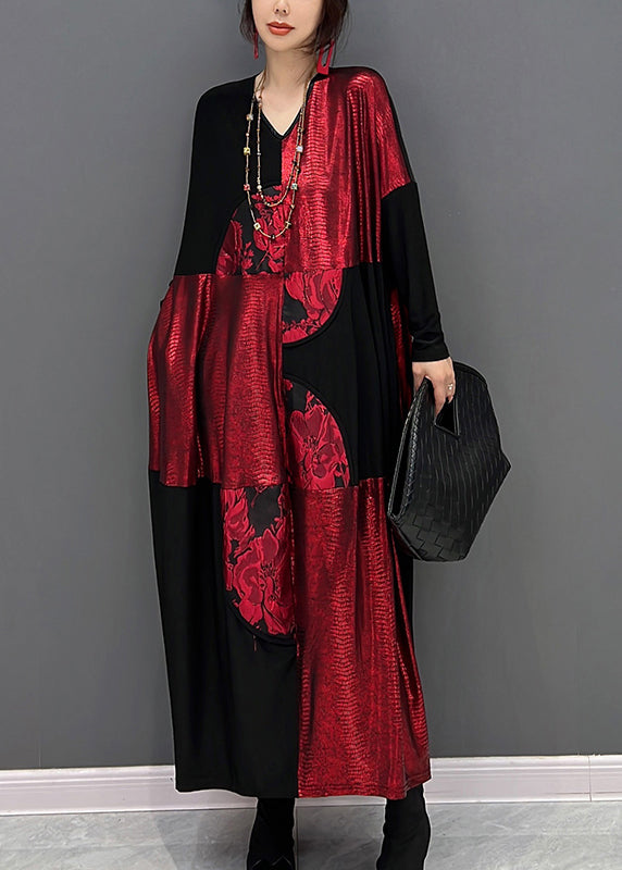 Art Red Patchwork Black V Neck Print Maxi Dress Fall