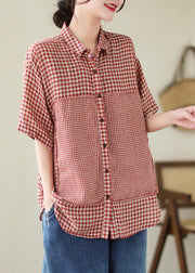 Art Red Peter Pan Collar Plaid Linen Shirt Top Summer