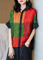 Art Red Peter Pan Collar Print Patchwork Silk Shirt Tops Summer