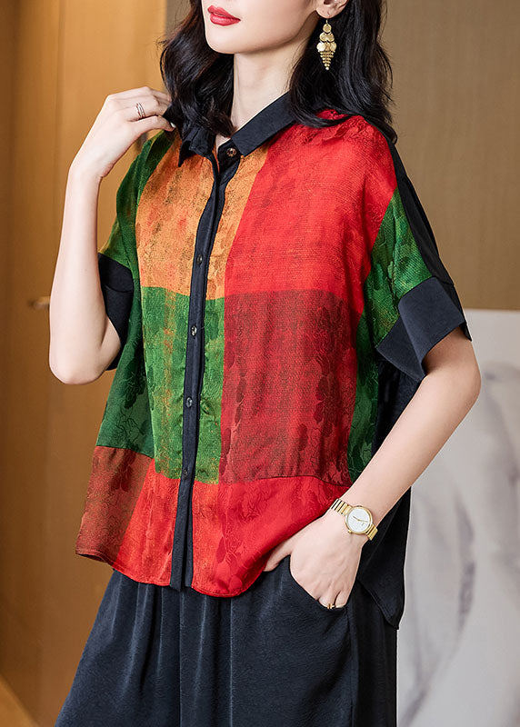 Art Red Peter Pan Collar Print Patchwork Silk Shirt Tops Summer