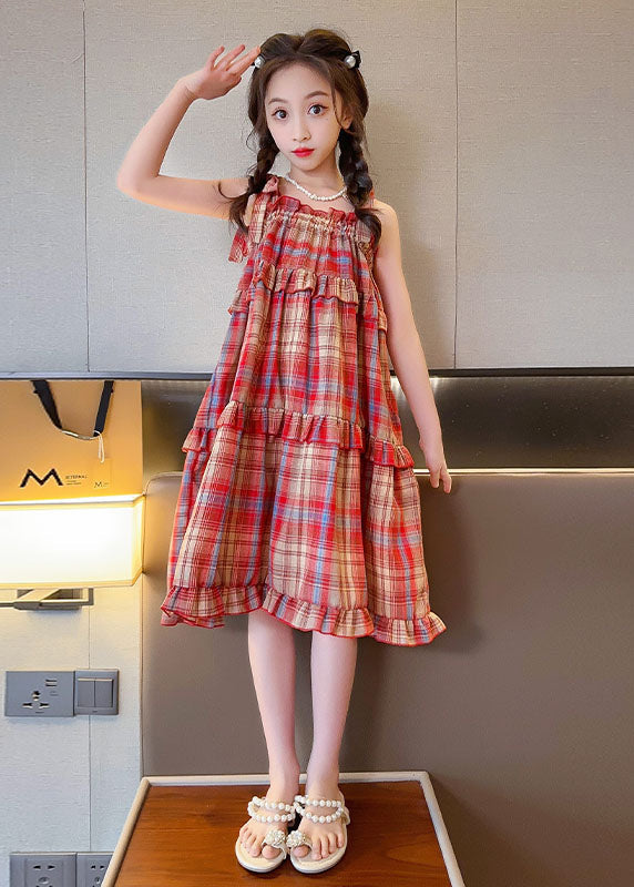 Art Red Plaid Ruffled Bow Patchwork Cotton Kids Girls Dresses Summer