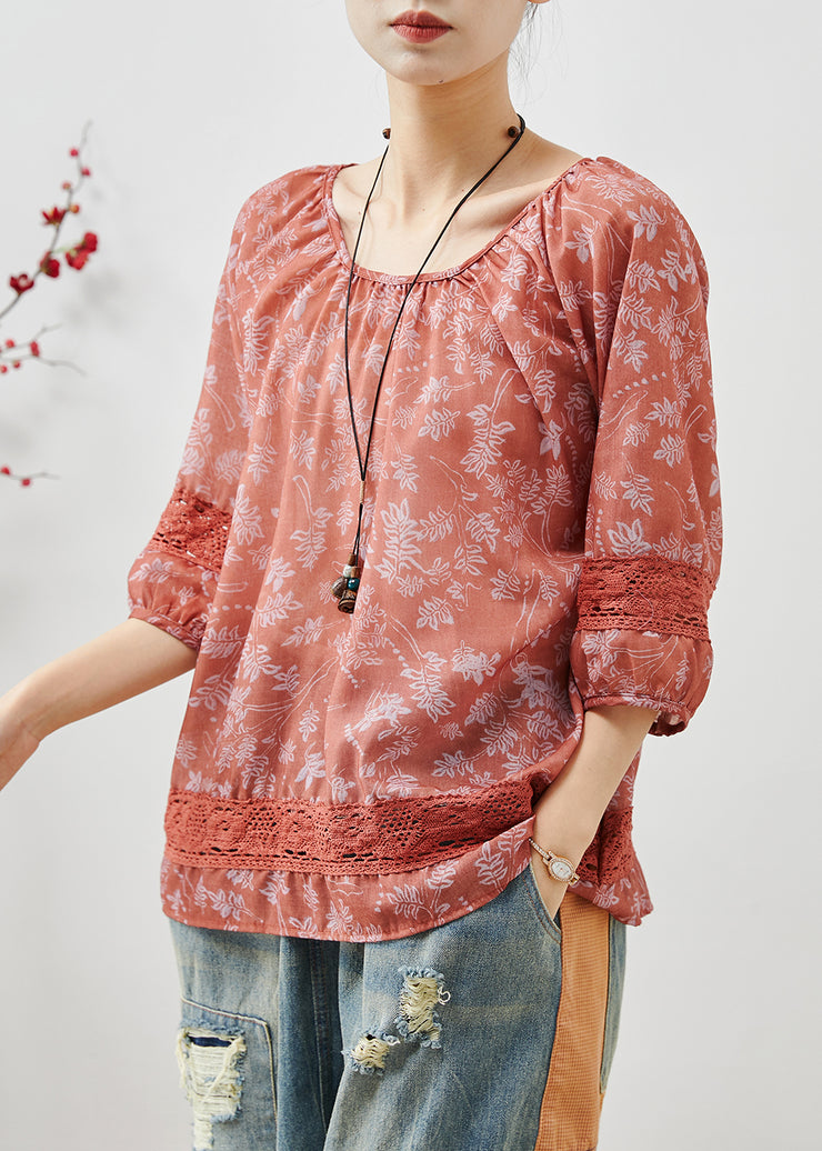 Art Red Print Patchwork Lace Cotton Shirt Summer