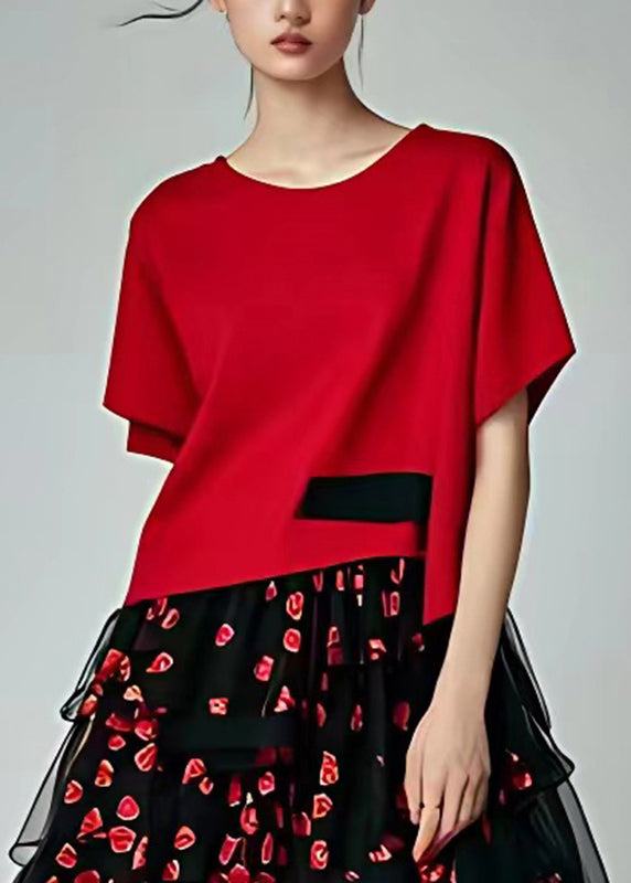 Art Red Print Tulle Patchwork Long Dresses Short Sleeve