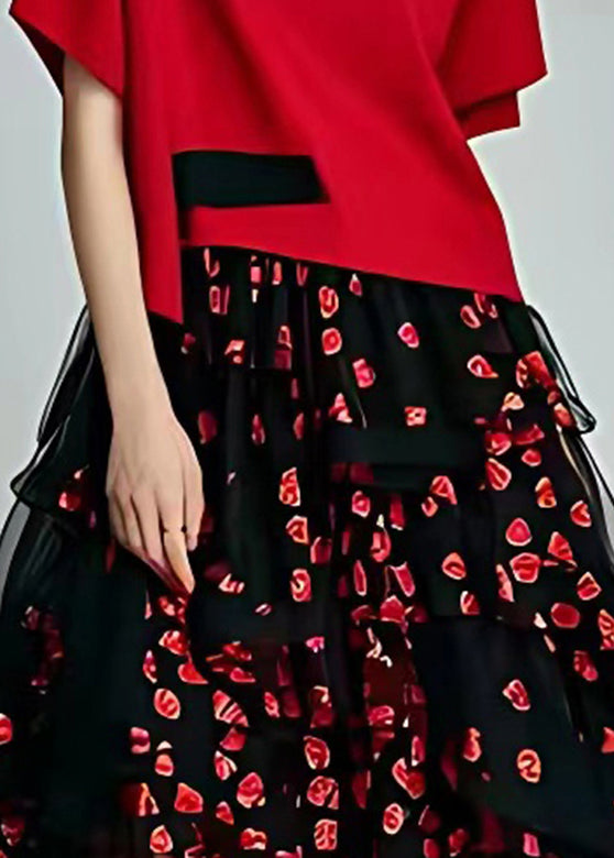 Art Red Print Tulle Patchwork Long Dresses Short Sleeve