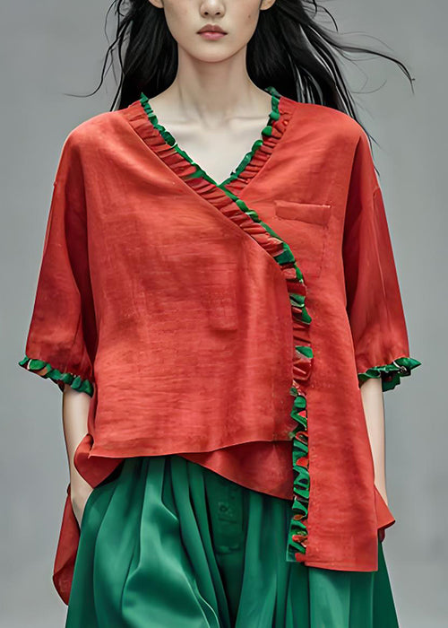 Art Red Ruffled Asymmetrical Patchwork Cotton Blouses Summer