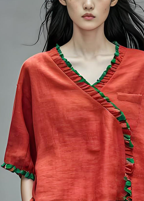 Art Red Ruffled Asymmetrical Patchwork Cotton Blouses Summer