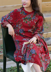 Art Red Stand Collar Print Oriental Button Cotton Long Dress Spring