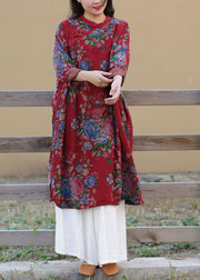 Art Red Stand Collar Print Oriental Button Cotton Long Dress Spring