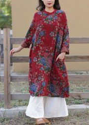 Art Red Stand Collar Print Oriental Button Cotton Long Dress Spring