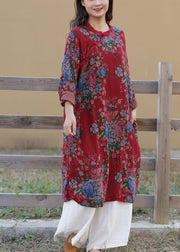 Art Red Stand Collar Print Oriental Button Cotton Long Dress Spring