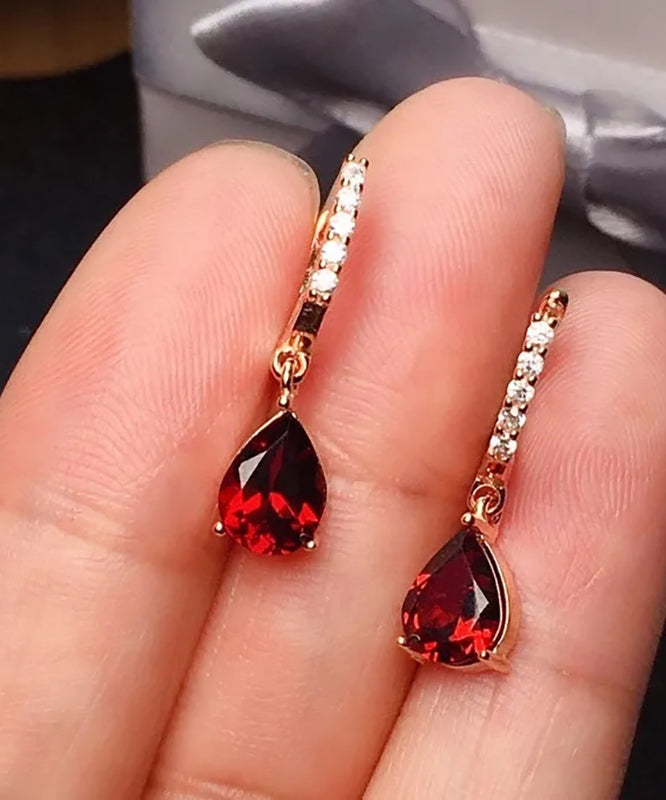 Art Red Sterling Silver Overgild Inlaid Gem Stone Zircon Drop Earrings