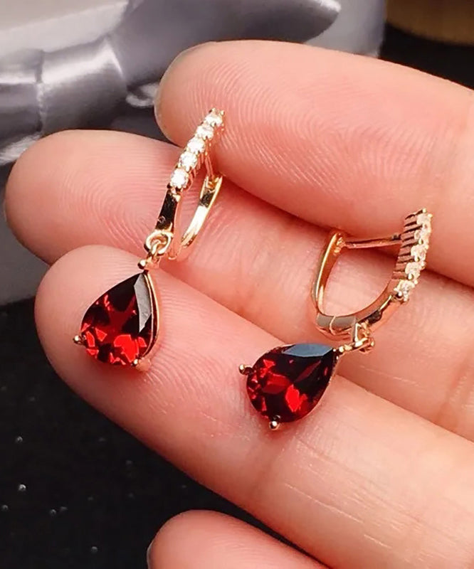 Art Red Sterling Silver Overgild Inlaid Gem Stone Zircon Drop Earrings