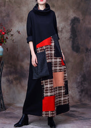 Art Red Turtleneck Patchwork Pockets Woolen Maxi Dress Long Sleeve