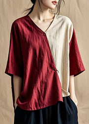 Art Red V Neck Button Patchwork Cotton Blouses Summer