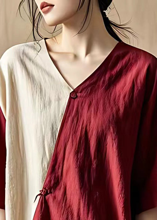 Art Red V Neck Button Patchwork Cotton Blouses Summer