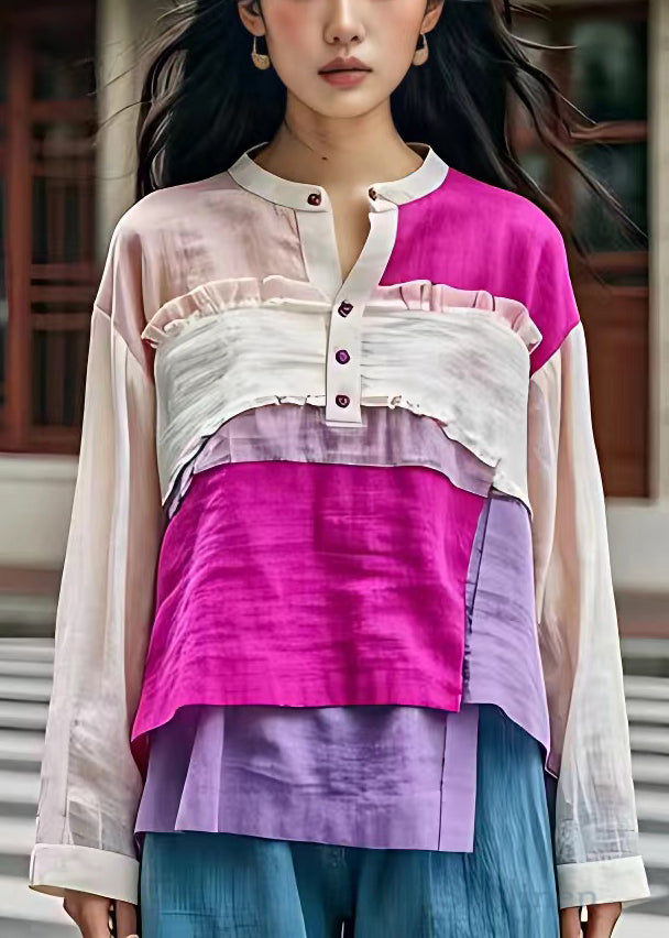 Art Rose Button Ruffled Patchwork Cotton Shirt Long Sleeve