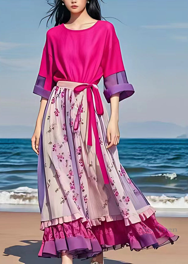 Art Rose Patchwork Tie Waist Chiffon Long Dress Summer