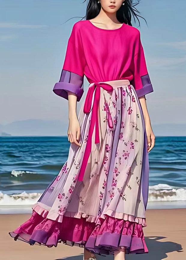 Art Rose Patchwork Tie Waist Chiffon Long Dress Summer