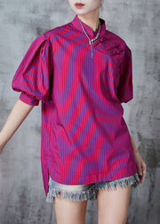 Art Rose Striped Chinese Button Cotton Blouses Puff Sleeve