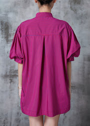 Art Rose Striped Chinese Button Cotton Blouses Puff Sleeve