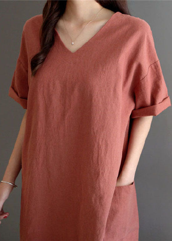 Art Rust V Neck Pockets Patchwork Linen Dresses Summer