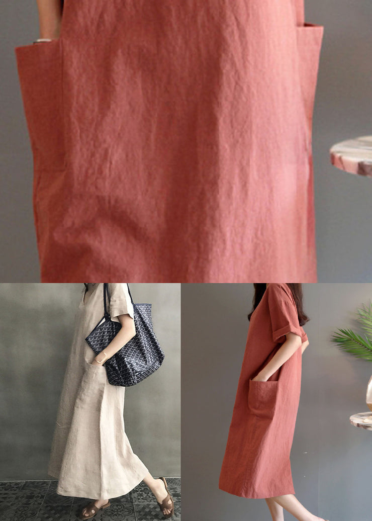 Art Rust V Neck Pockets Patchwork Linen Dresses Summer