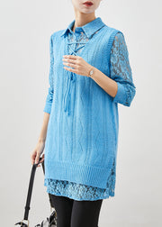 Art Sky Blue Lace Up Knit Vest Dress Two Piece Set Women Clothing Spring