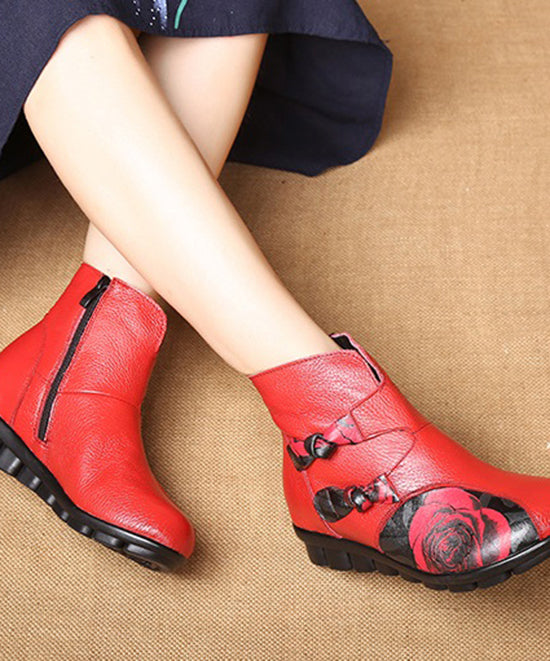 Art Splicing Embossed Ankle Boots Red Cowhide Leather