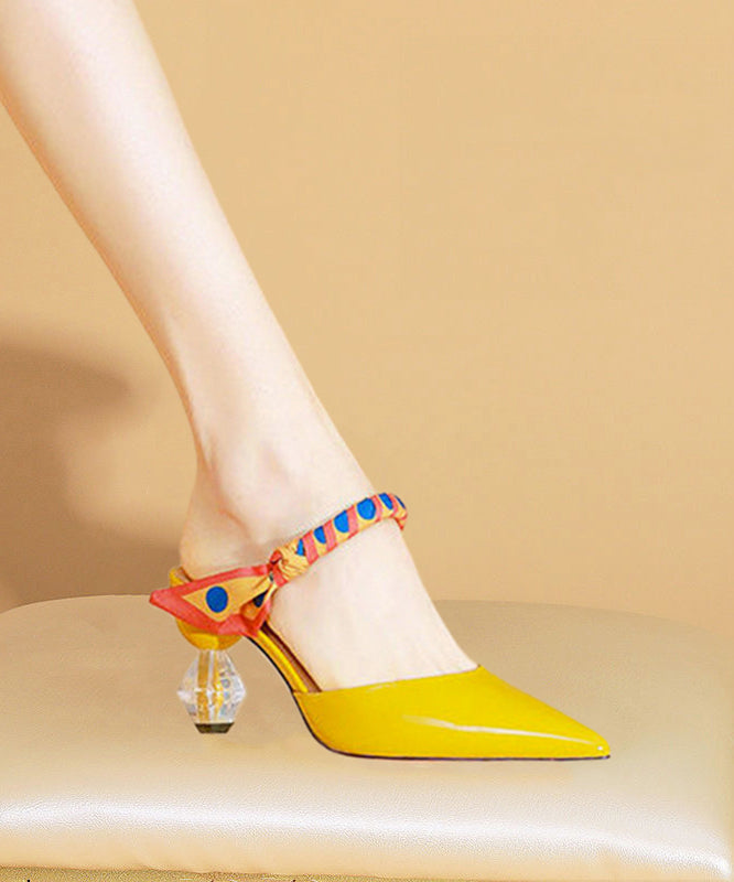 Art Splicing High Heel Yellow Cowhide Leather Slide Sandals Pointed Toe