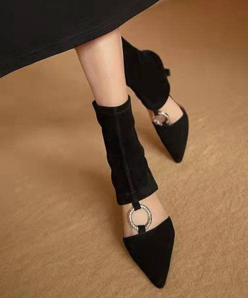 Art Splicing Zircon Hollow Out Pointed Toe Boots Black Suede