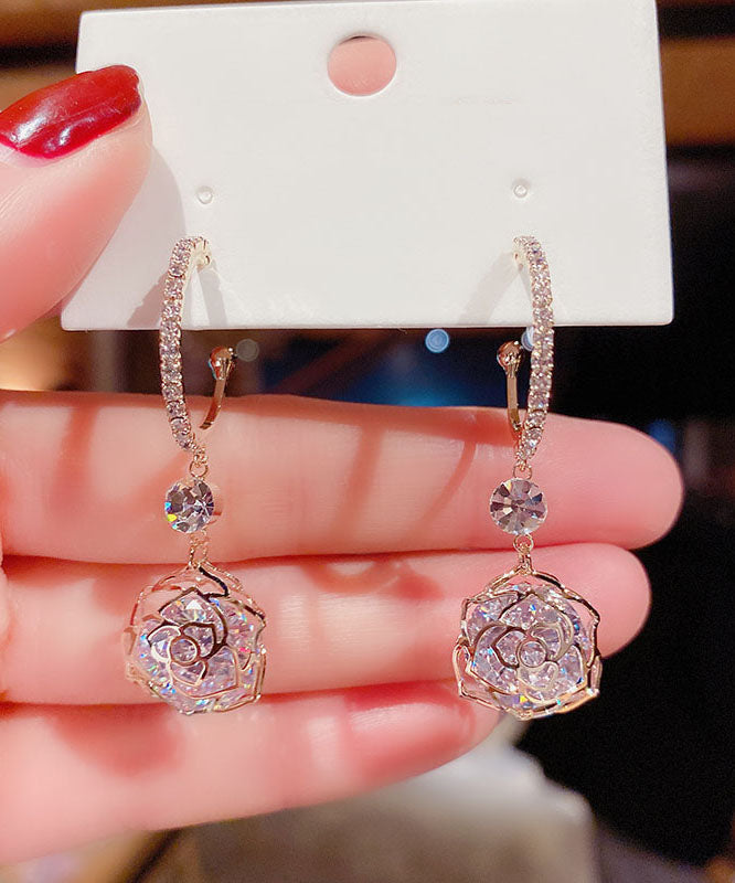 Art Sterling Silver Overgild Zircon Hollow Out Rose Drop Earrings