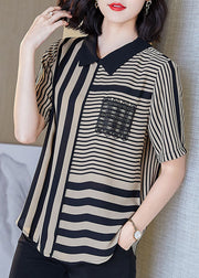 Art Striped Peter Pan Collar Patchwork Chiffon Shirts Top Summer