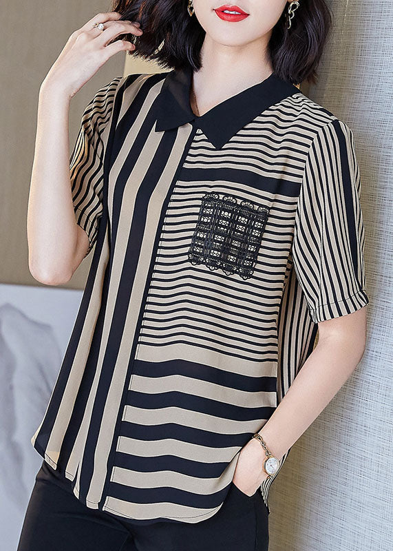 Art Striped Peter Pan Collar Patchwork Chiffon Shirts Top Summer