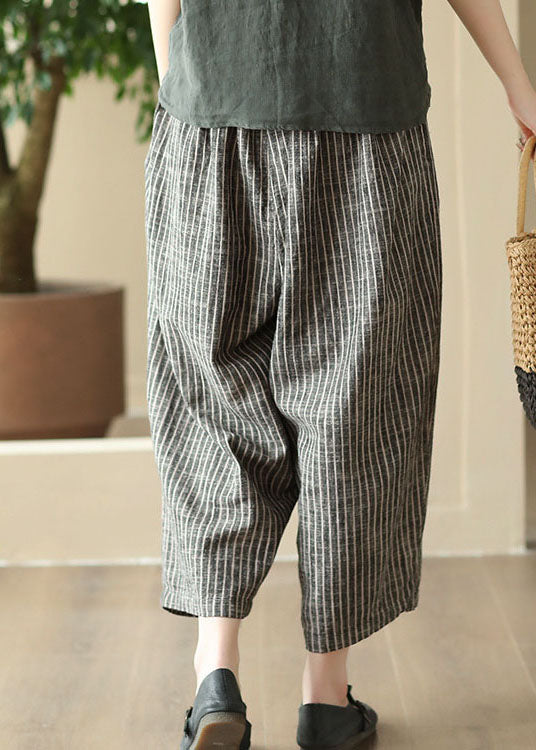 Art Striped Pockets Elastic Waist Patchwork Linen Pants Summer