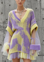 Art Tie Dye V Neck Patchwork Tulle Knit Dress Fall