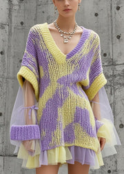 Art Tie Dye V Neck Patchwork Tulle Knit Dress Fall