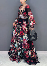 Art V Neck Print Chiffon Long Dresses Fall