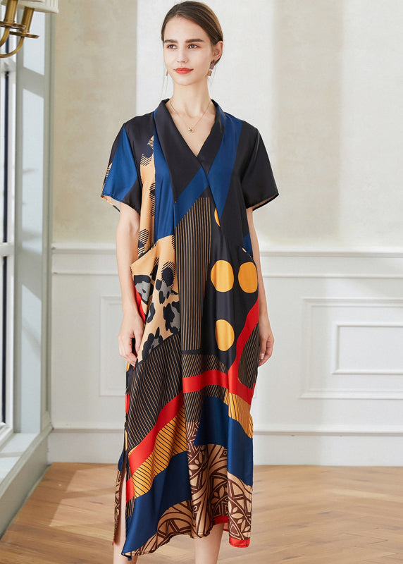 Art V Neck Print Side Open Chiffon Long Dress Summer